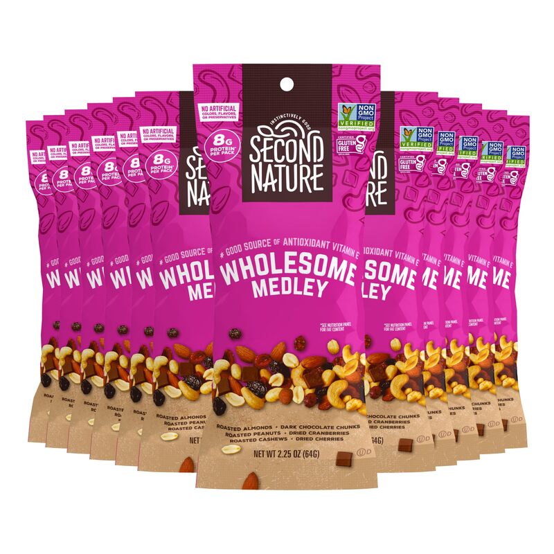 Second Nature Wholesome Medley Trail Mix - 12 Count, 2.25 oz Individual Snack Packs, Certified Gluten-Free – Dark Chocolate