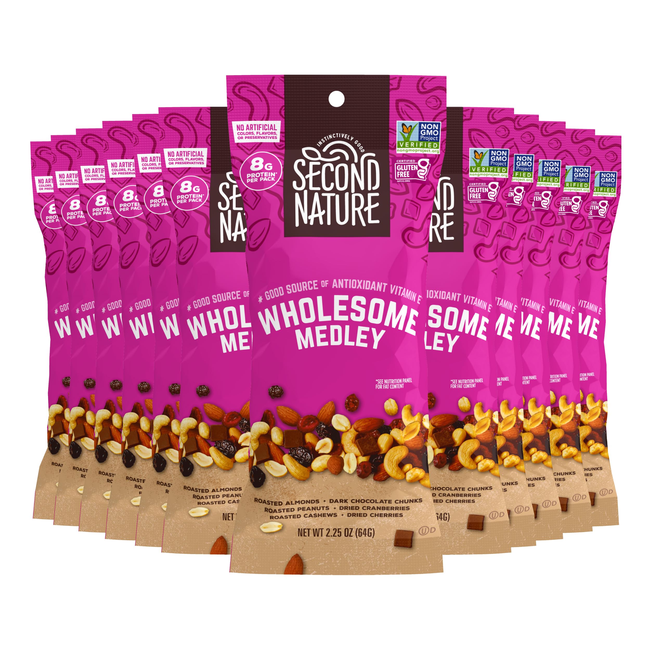 Second Nature Wholesome Medley Trail Mix - 12 Count, 2.25 oz Individual Snack Packs, Certified Gluten-Free – Dark Chocolate