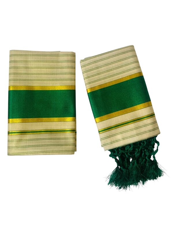 Women's Kuthampully Kerala Kasavu Set mundu Tissue with Kunjam | Kerala Tissue set mundu latest collections | Kuthampully Stripe Kasavu set mundu - Multi Color KTM-901 (Green)