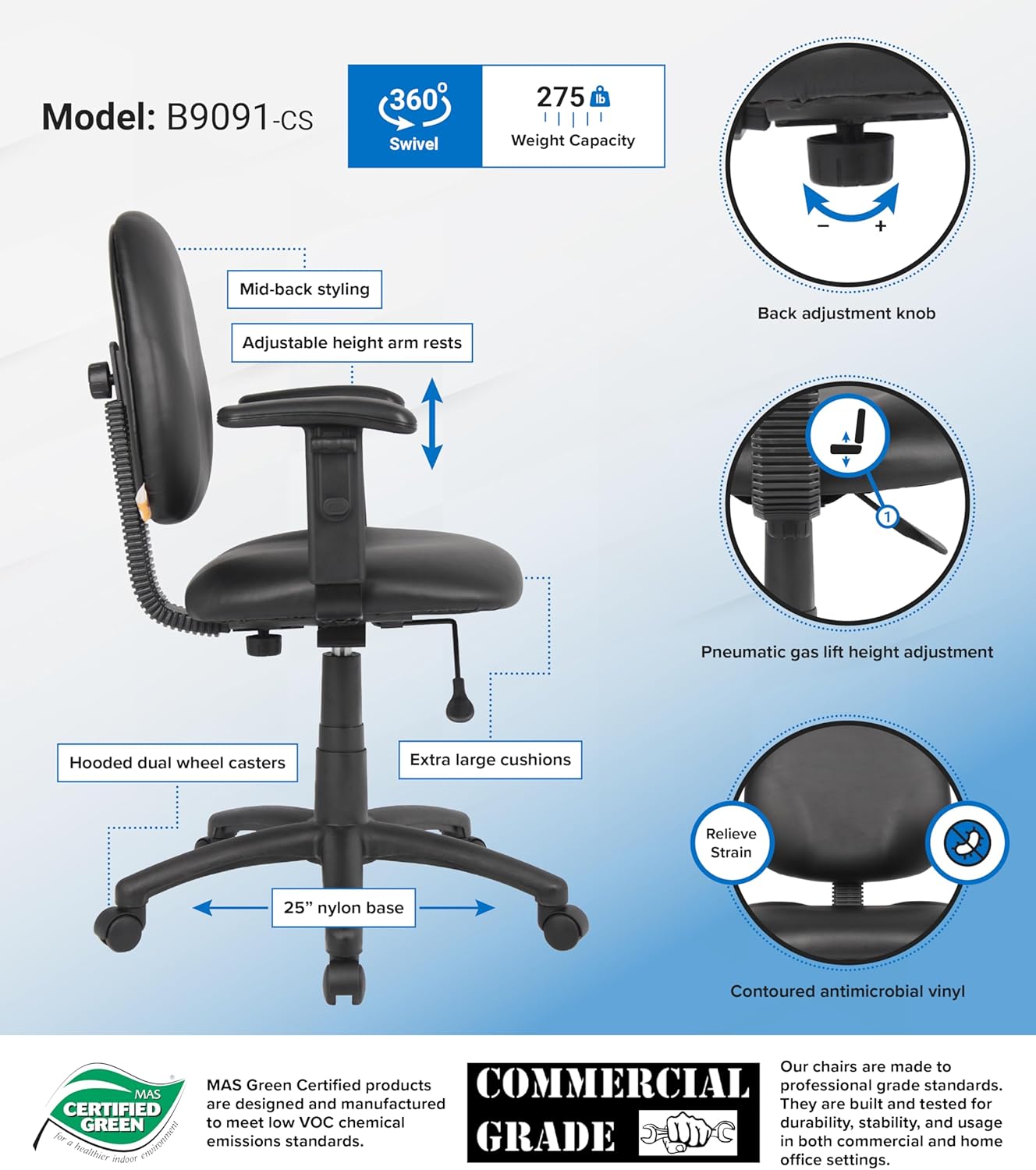 Boss Office Products Dimond Task Chair with Adjustable Arms in Black