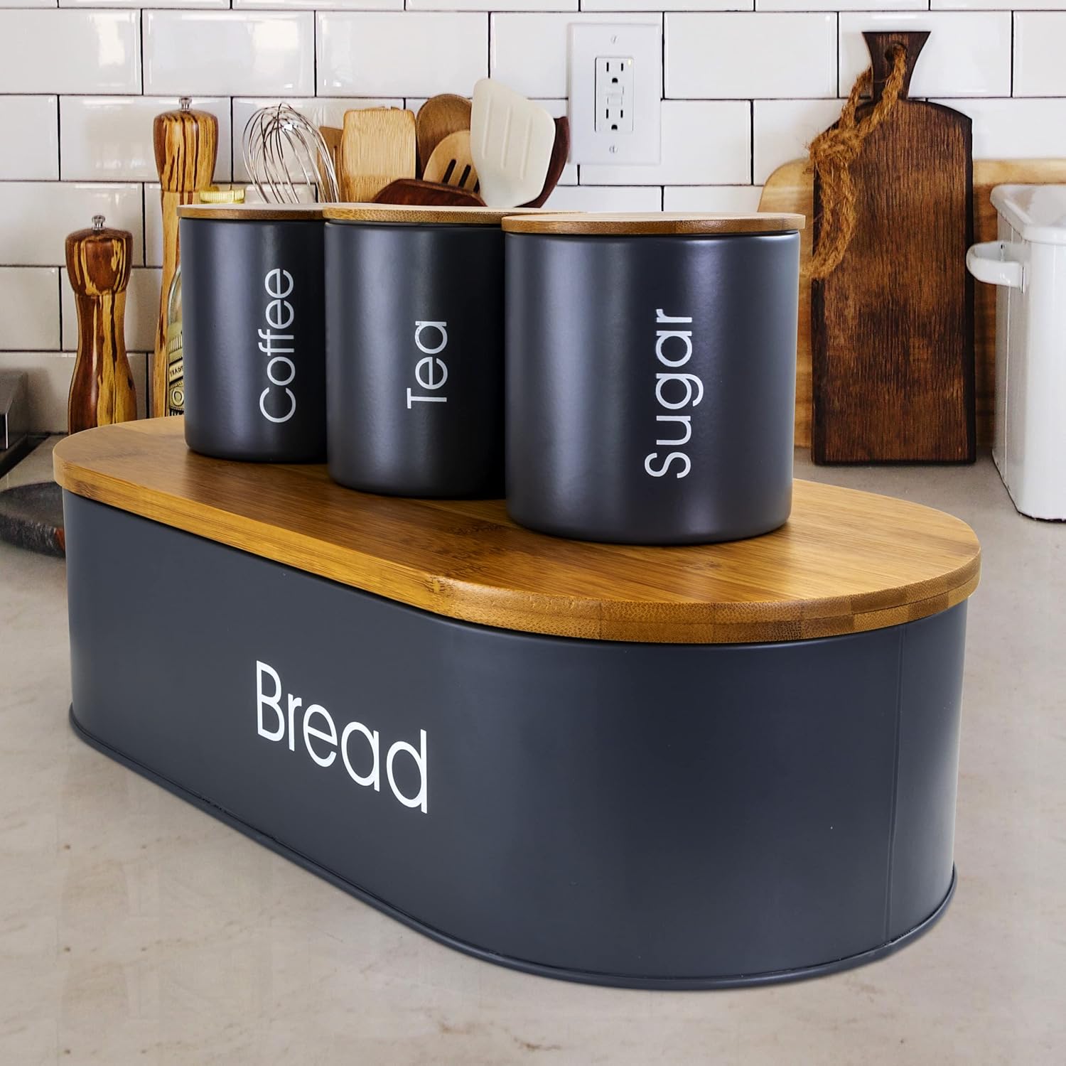 MegaChef Charcoal Gray and Bamboo 4-Piece Canister Set