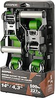 KEEPER Chrome Ratchet Tie-Downs with J-Hooks, Bright Green Webbing, 2-Pack