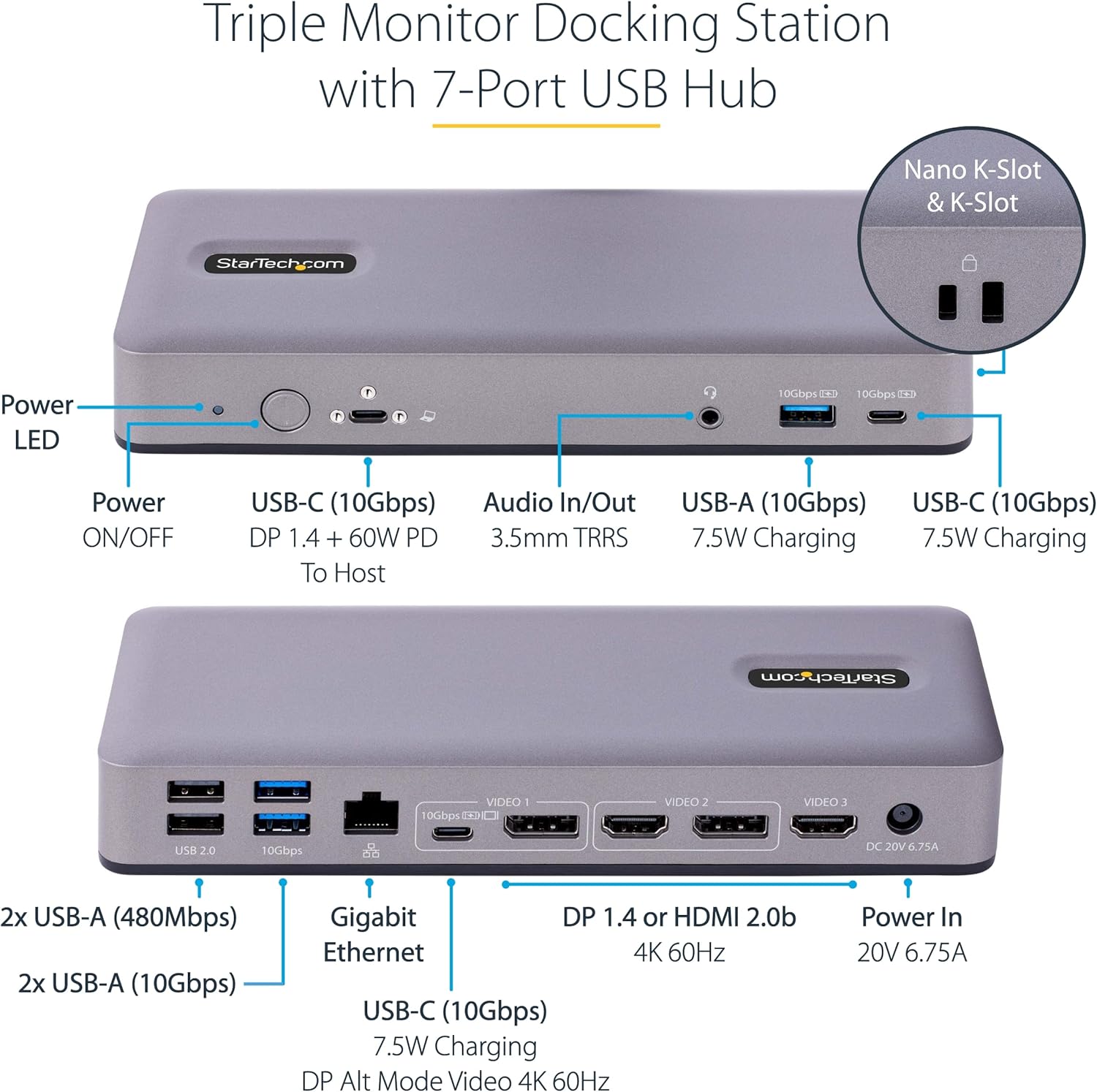 StarTech.com USB-C Docking Station Multi Monitor HDMI/DP/USB-C Video Output, Triple Monitor 4K30/Dual 4K60, 7-Port USB Hub