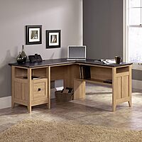 Sauder August Hill L-Shaped Corner Desk with Storage Drawer and Open Shelf for Home Office, in Dover Oak finish