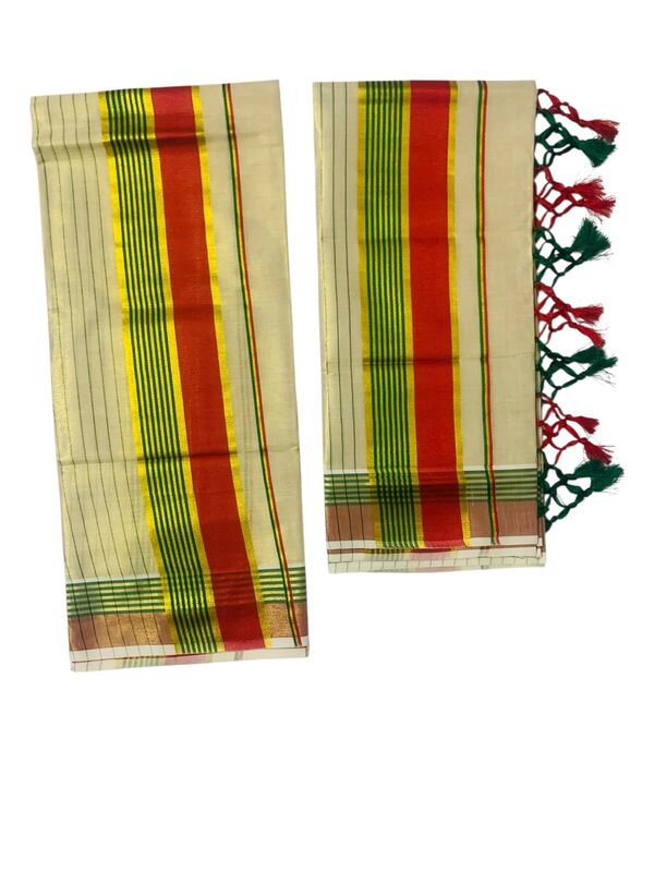 Women's Kuthampully Kerala Kasavu Set mundu Tissue Stripe with Kunjam | Kerala Tissue set mundu onam latest collections | Stripe Kasavu set mundu - Multi Color KTM-912 (Red)