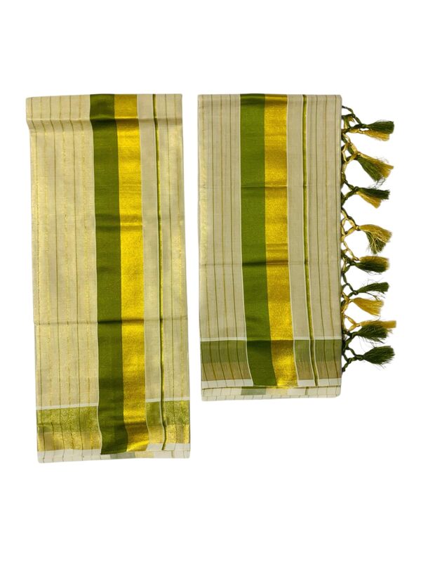 Women's Kuthampully Kerala Kasavu Set mundu Tissue with Kunjam | Kerala Tissue set mundu latest collections | Kuthampully set mundu - Multi color KTM-902 (LightGreen-Gold)