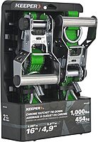 KEEPER Chrome Ratchet Tie-Downs with J-Hooks, Bright Green Webbing, 2-Pack