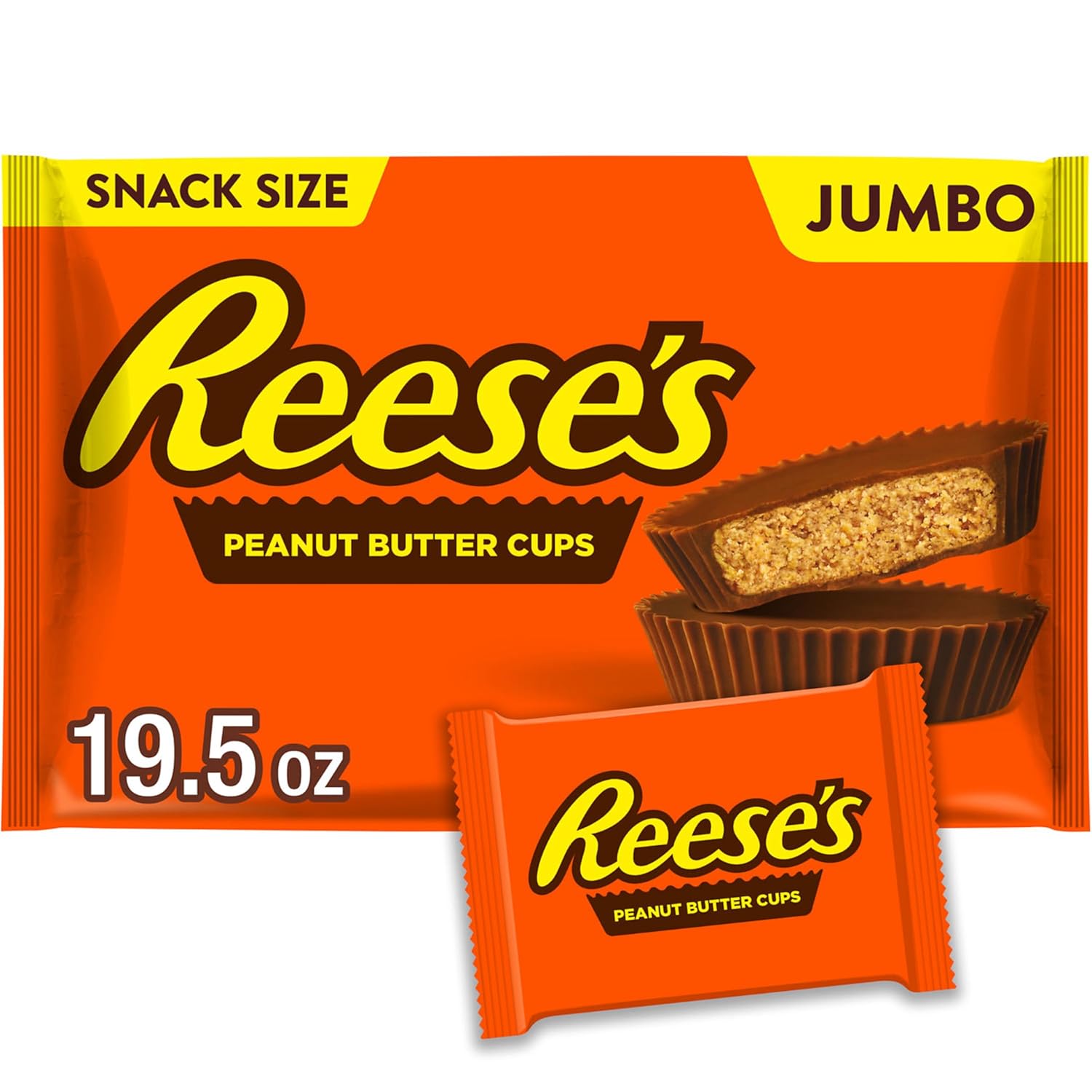 REESE'S Milk Chocolate Snack Size Peanut Butter Cups, Candy Jumbo Bag, 19.5 oz Peanut Butter 1.2 Pound (Pack of 1)