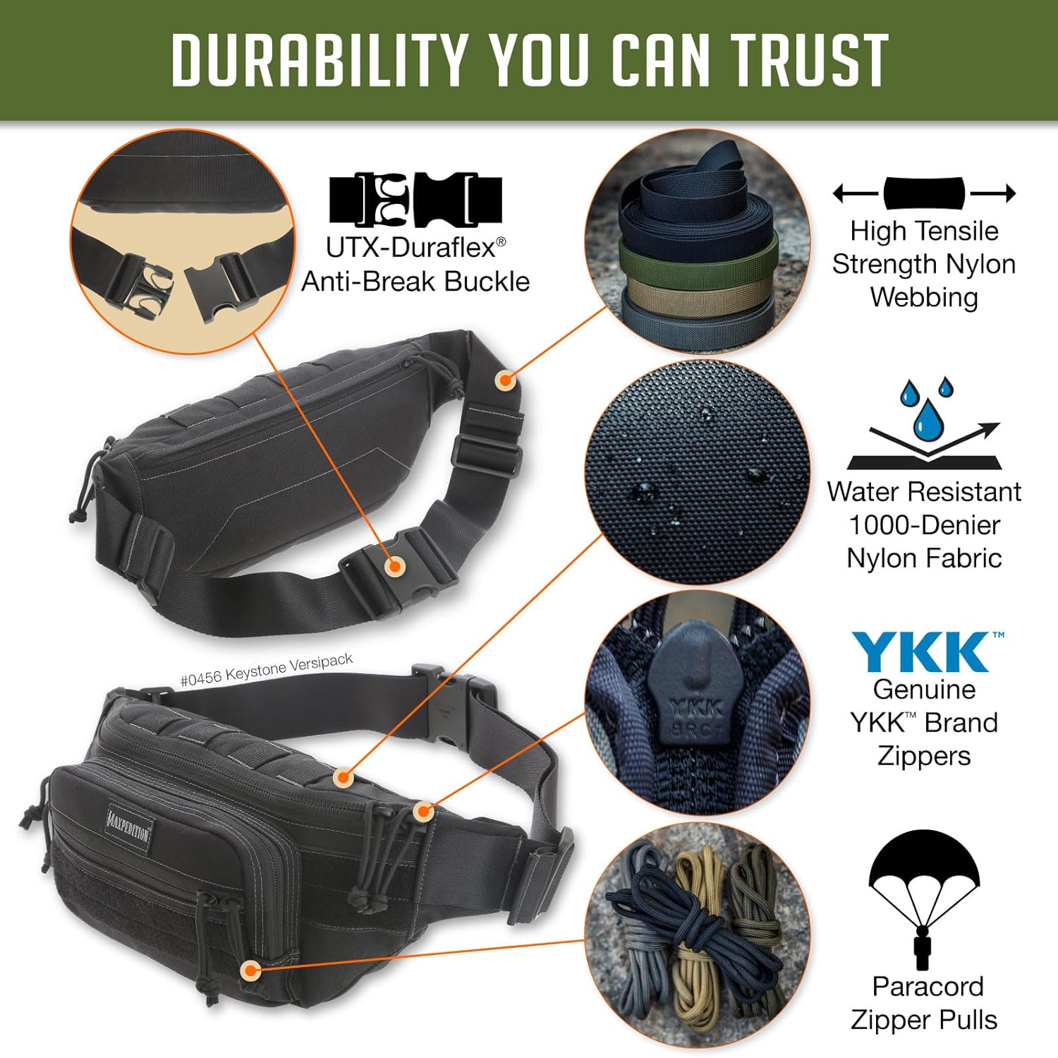 Maxpedition Keystone Versipack (14” x 6” x 6”) Tactical Crossbody Fanny Pack for Everyday Carry (Black) 0456B