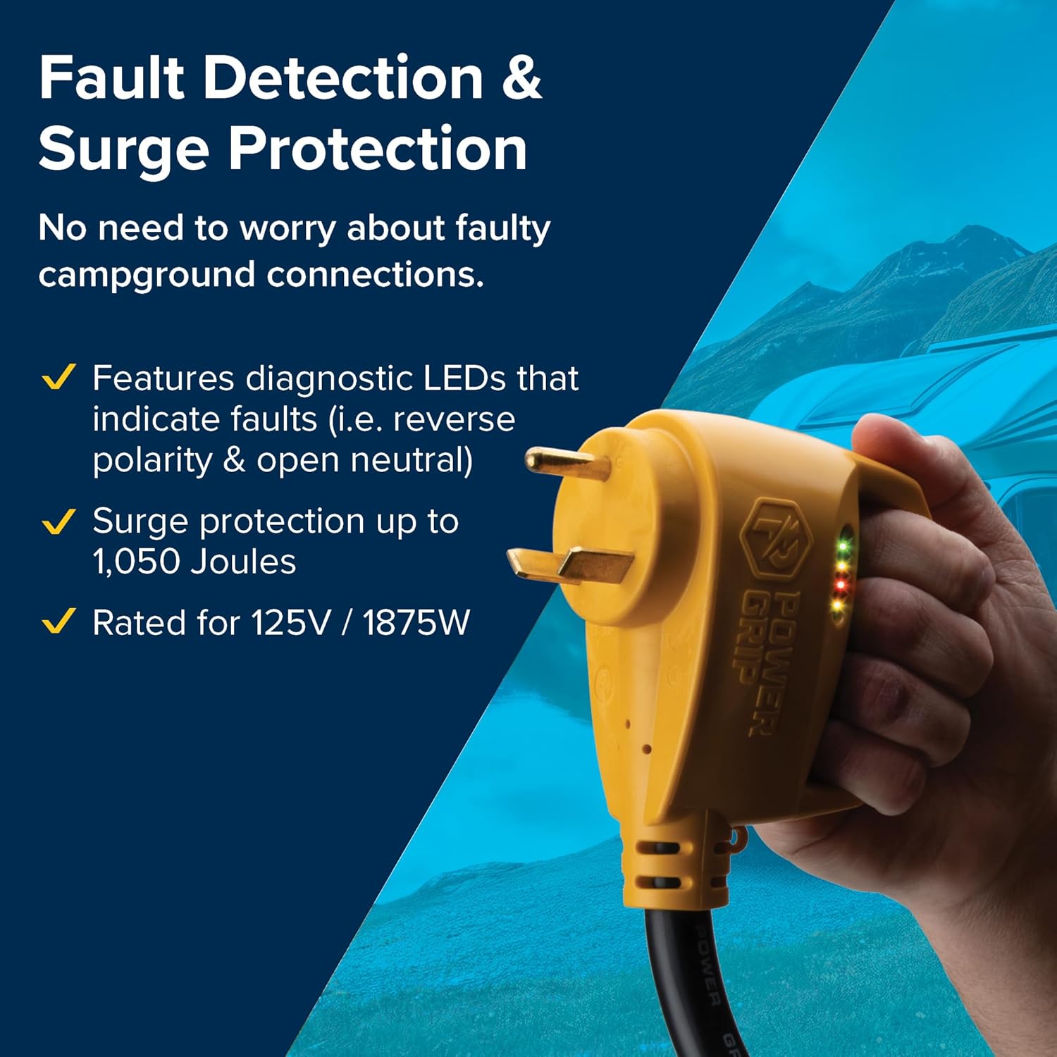 Camco Power Grip RV 12" 30-Amp Circuit Analyzer Dogbone - Features Integrated Surge Protection & Fault Indication, 12"