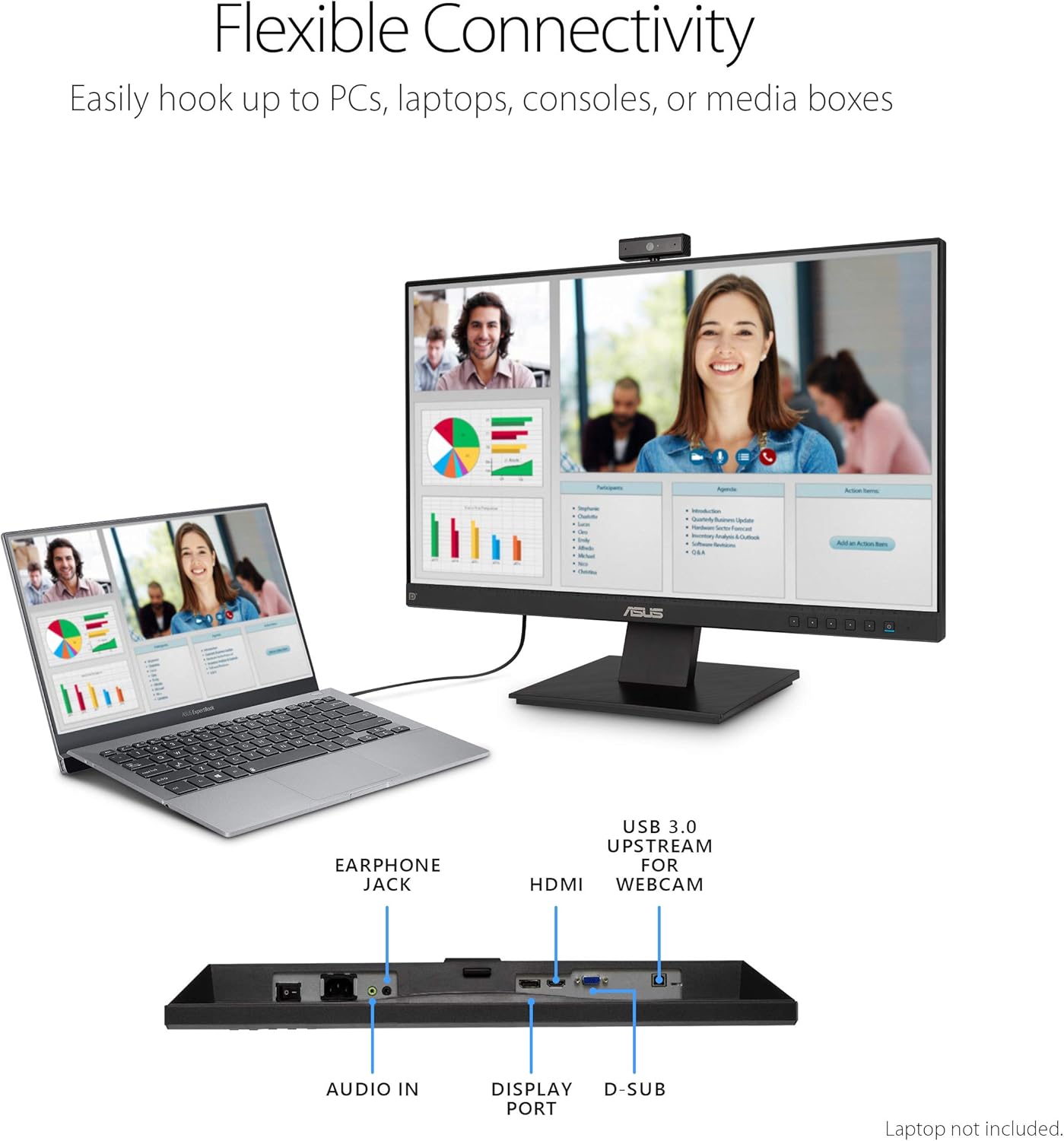 ASUS BE24EQK 23.8” Business Monitor with 1080P Full HD IPS, Eye Care, DisplayPort HDMI, Frameless, Built-in Adjustable 2MP Webcam, Mic Array, Stereo speaker, Video Conference,BLACK