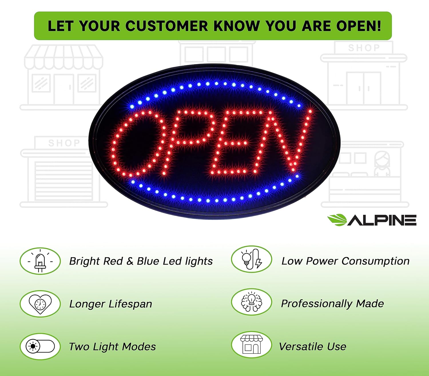 Alpine Led Open Signs for Business Window - Flashing & Stable Bright High Visibility Lighted Open Led Sign