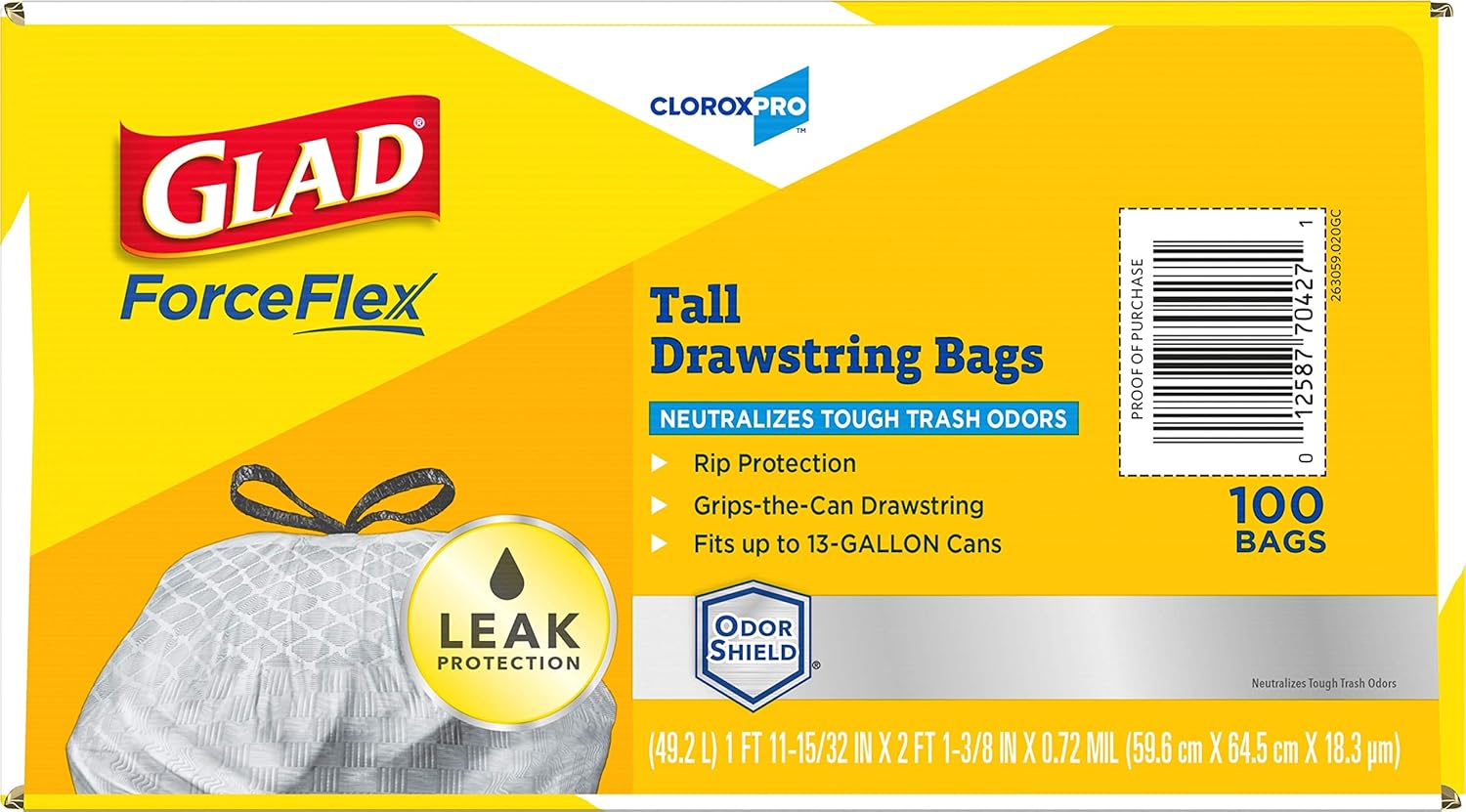Glad Trash Bags, ForceFlex Tall Kitchen Drawstring Garbage Bags, Clorox 13 Gallon Trash Bags for Tall Trash Can