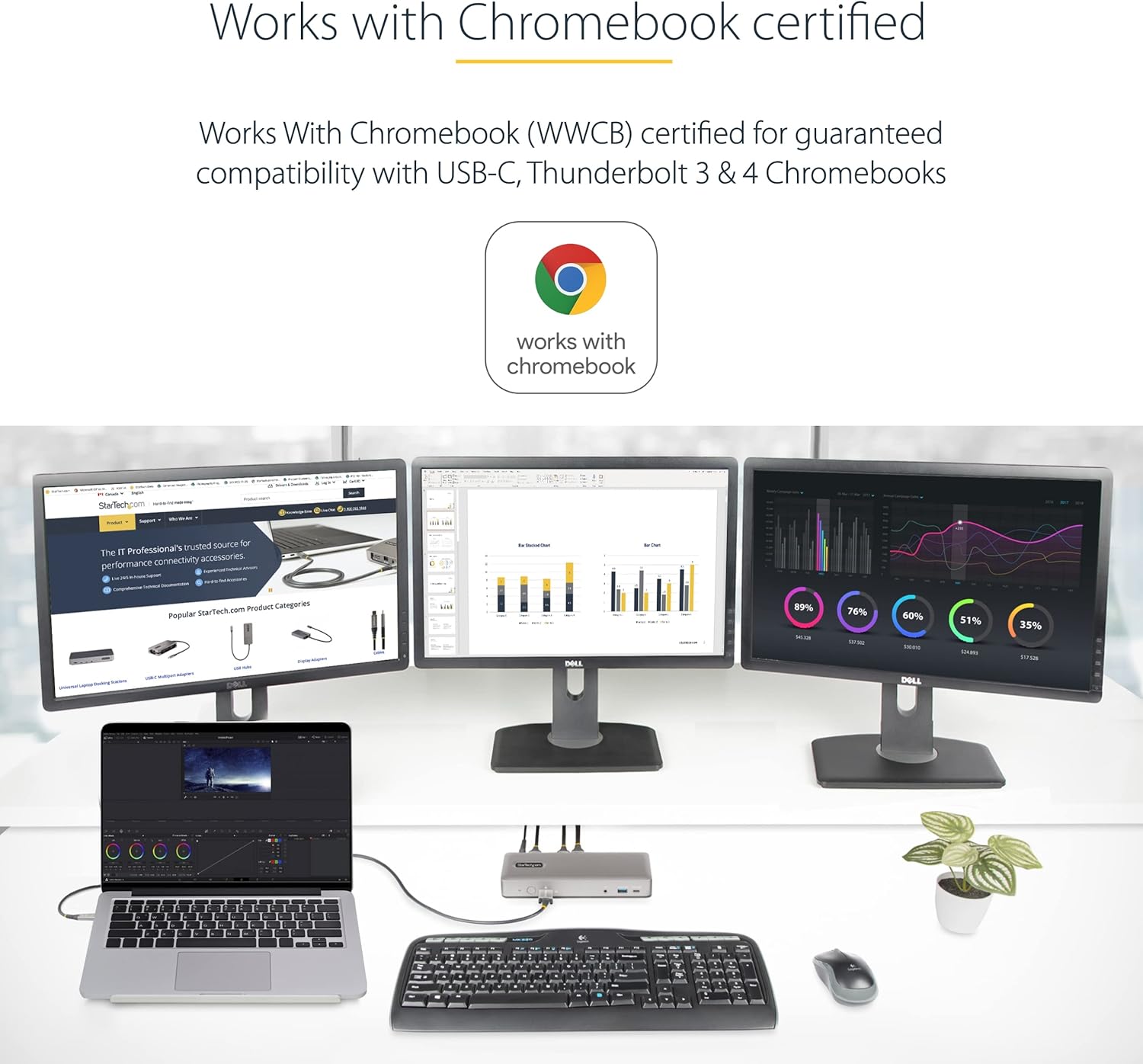 StarTech.com USB-C Docking Station Multi Monitor HDMI/DP/USB-C Video Output, Triple Monitor 4K30/Dual 4K60, 7-Port USB Hub