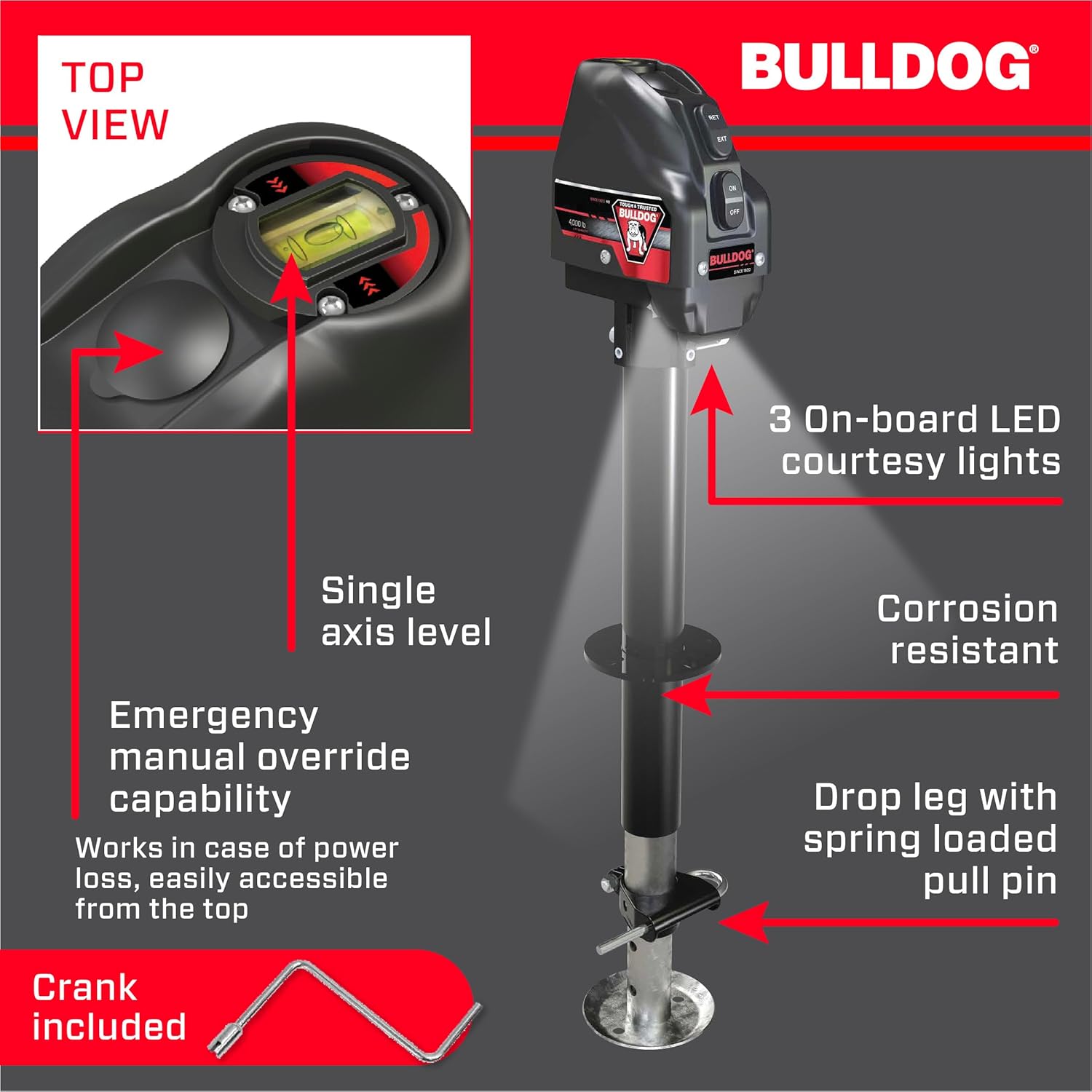 Bulldog 500199 Powered Drive A-Frame Electric Trailer Jack for Boat Trailers, 4,000 lbs. Capacity