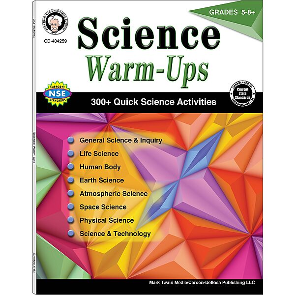 Mark Twain Science Warm-Ups Activity Book, Workbook for Grades 5 and Up, Space, Technology, Earth, Life, Anatomy, Physics