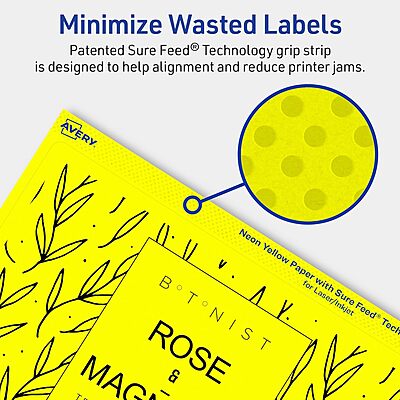 Avery Printable Rectangle Labels, Sure Feed Technology, 5" x 8-1/8", Neon Yellow, Laser/Inkjet Printable