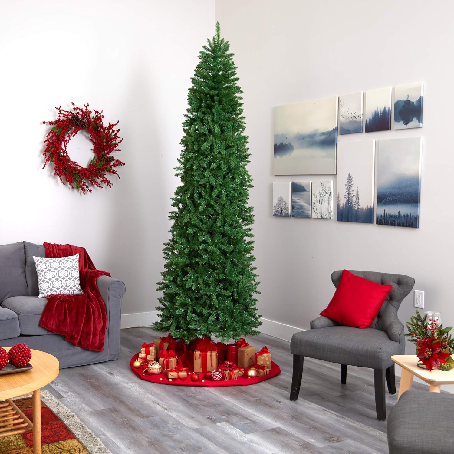 Nearly Natural 9ft. Slim Green Mountain Pine Artificial Christmas Tree with 600 Clear LED Lights 9ft Green