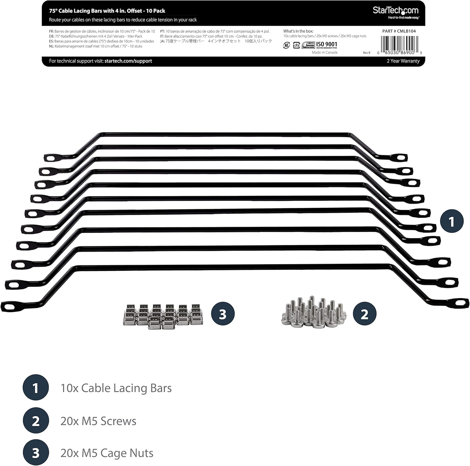 StarTech.com 1U Horizontal Cable Lacing Bar for 19in Racks