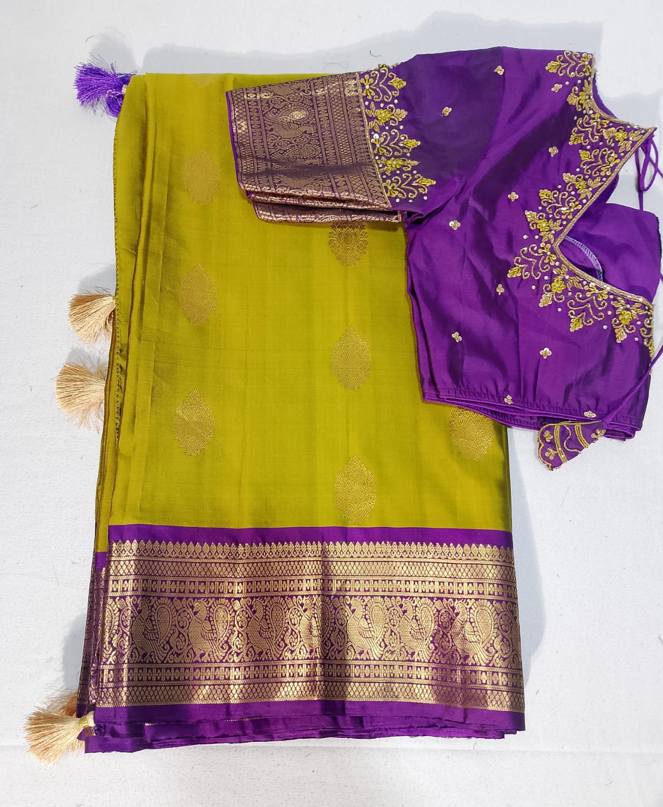 N296: Ready To Ship Beautiful Pure Kanchipattu Saree With Stitched Maggam Work Blouse