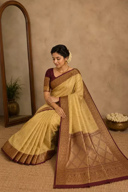 Cream Gold & Maroon Banarasi Silk