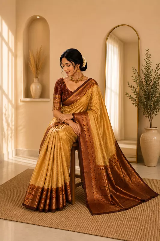 Banarasi soft silk cream with maroon