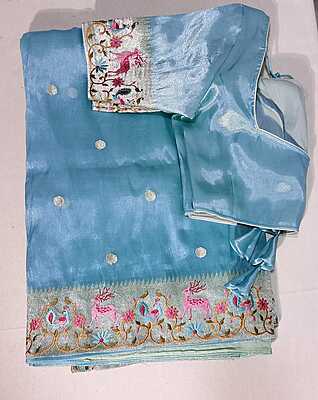 J163: Ready To Ship Beautiful  Organza Saree With Stitched Blouse