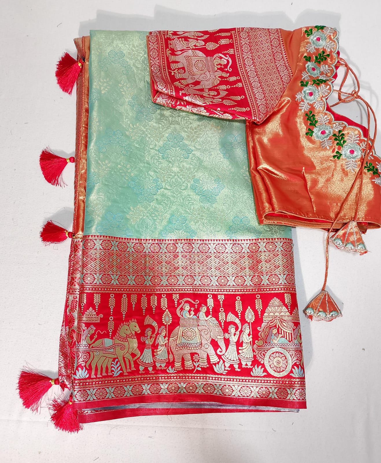 N300: Ready To Ship Beautiful Semi Kanchipattu Saree With Stitched Embroidery Work Blouse