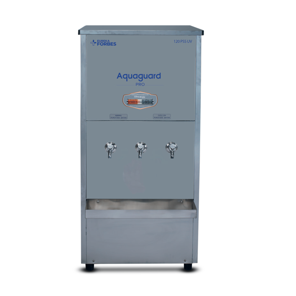 Front view of the Eureka Forbes Pro Pure Chill 120 PSS, showing its dual steel faucets.