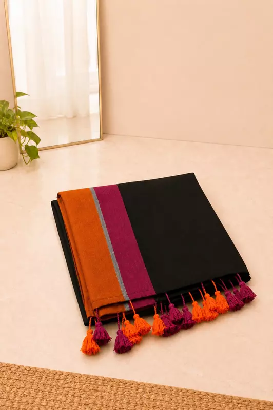 Mul cotton without Blouse Black with Pink and orange