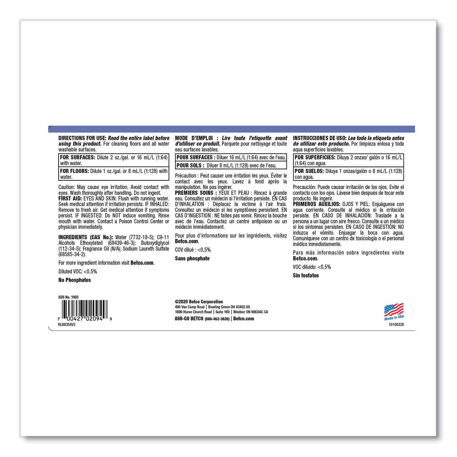 Spectaculoso Multipurpose Cleaner, Lavender Scent, 1 gal Bottle - 4/Carton