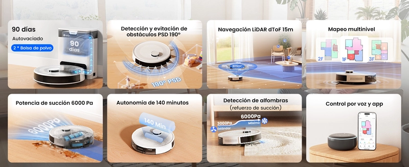Robot aspiradora y trapeador,6000Pa de succión, Vaciado automático