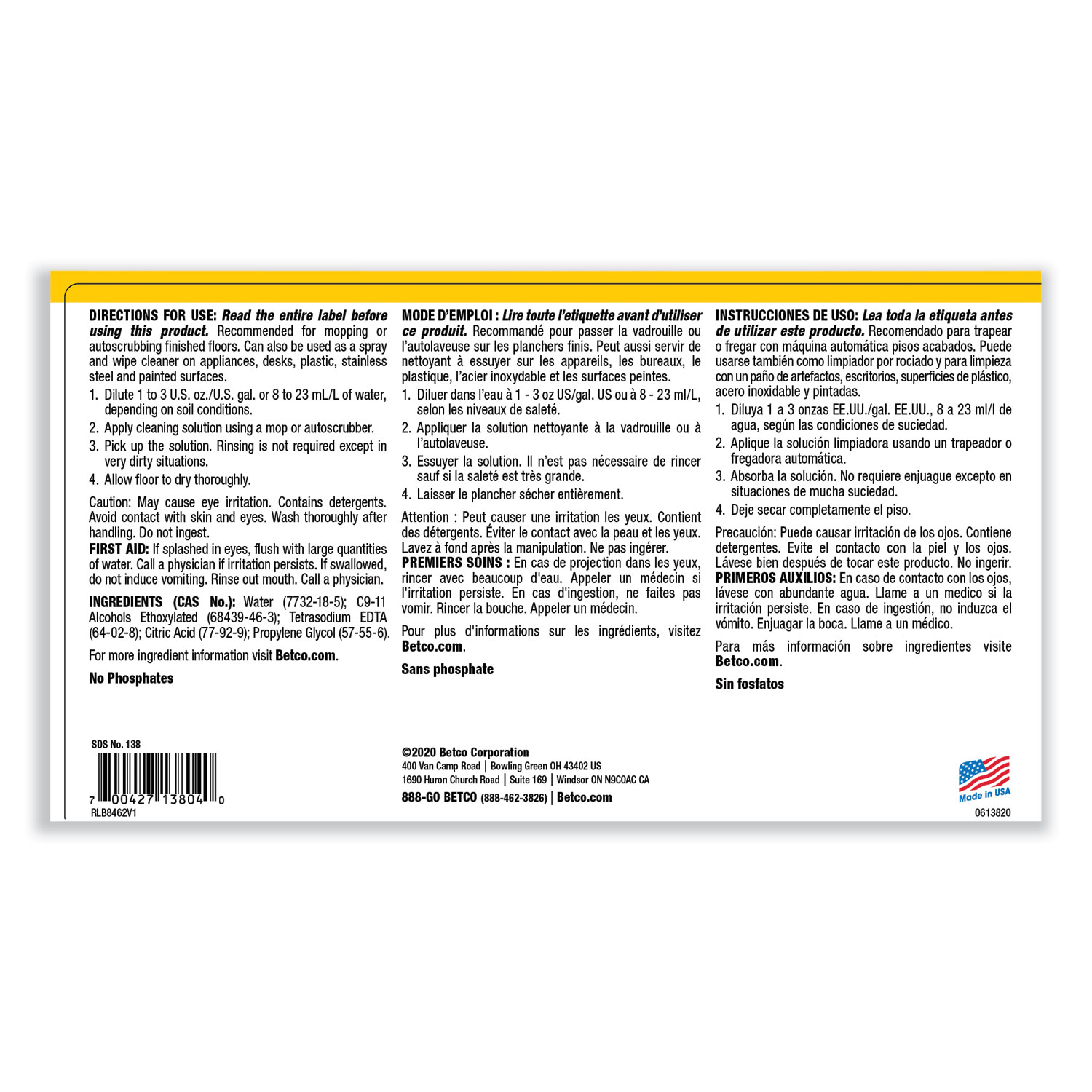 Betco pH7 Commercial Grade Floor Cleaner, Lemon (Concentrated), 1 gal Bottle - 4/Case