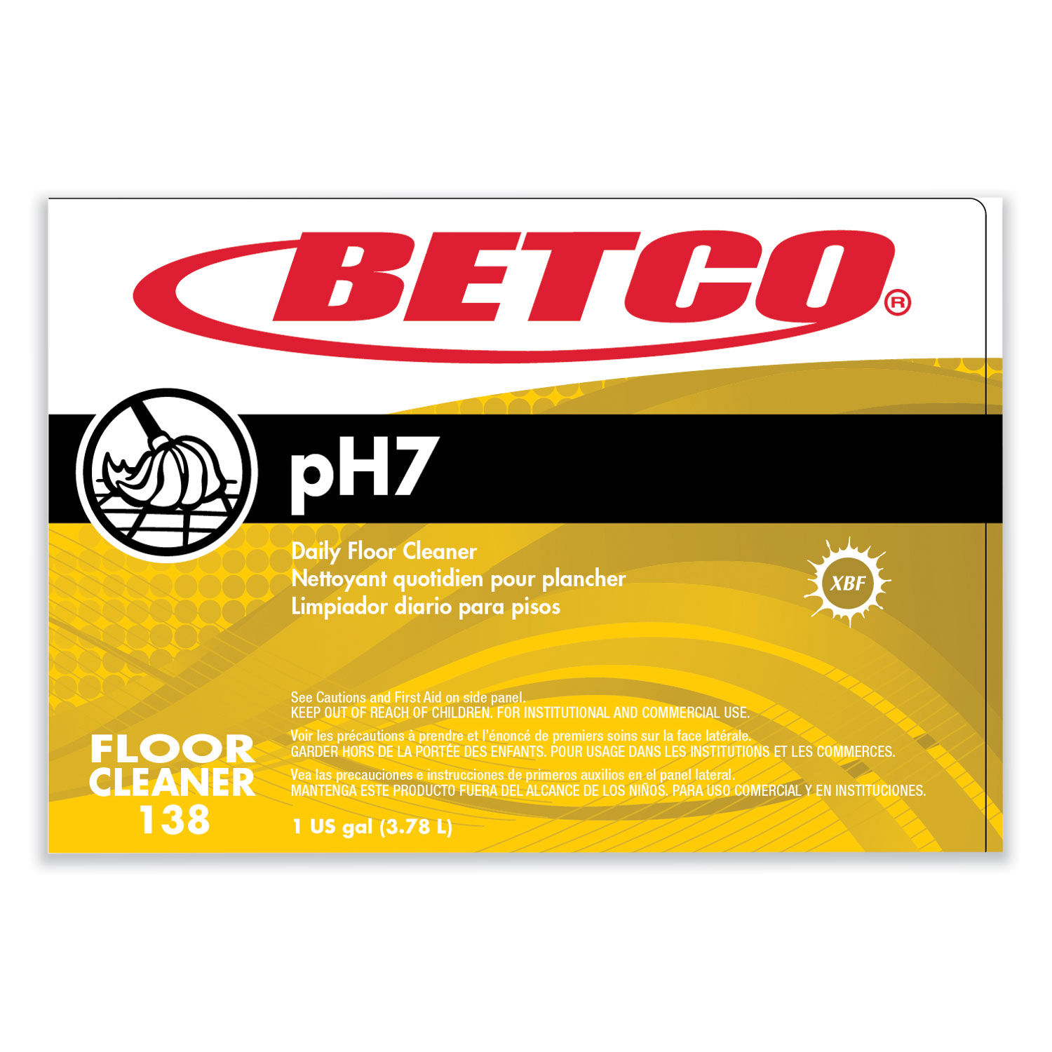 Betco pH7 Commercial Grade Floor Cleaner, Lemon (Concentrated), 1 gal Bottle - 4/Case