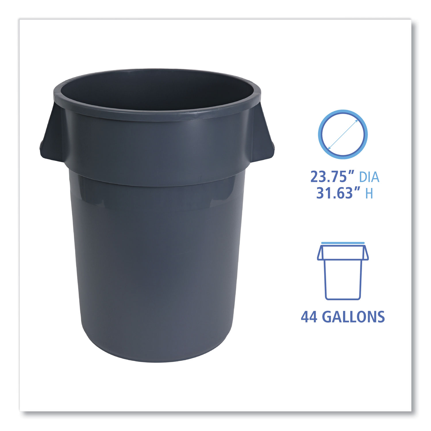 Round Waste Receptacle, 44 gal, Plastic, Gray