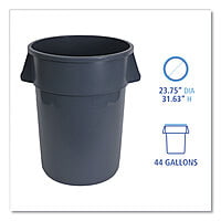 Round Waste Receptacle, 44 gal, Plastic, Gray