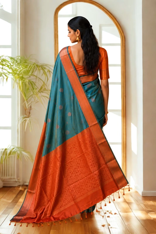 Premium Soft Silk Golden Mix Skyblue With Orange