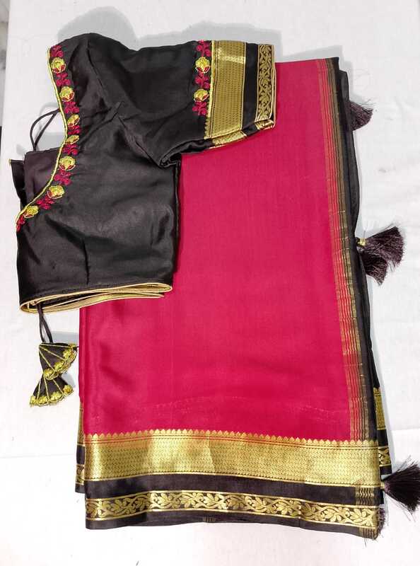 J177: Ready To Ship Beautiful Pure Mysore Silk Saree With Stitched Embroidery Work Blouse J177: Ready To Ship Beautiful Pure Mysore Silk Saree With Stitched Embroidery Work Blouse