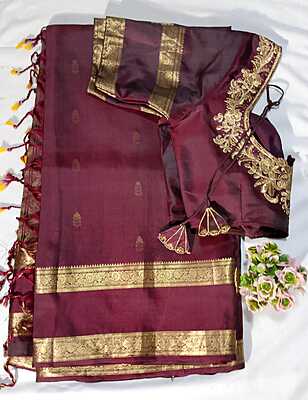 J195: Ready To Ship Beautiful Pure Kanchipattu Saree With Stitched Embroidery Work  Blouse