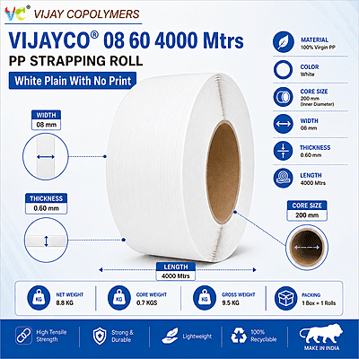 VIJAYCO® 08 60 4000 Mtrs PP Strapping Roll White Plain With No Print