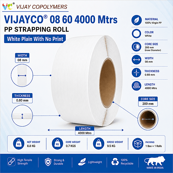 VIJAYCO® 08 60 4000 Mtrs PP Strapping Roll White Plain With No Print
