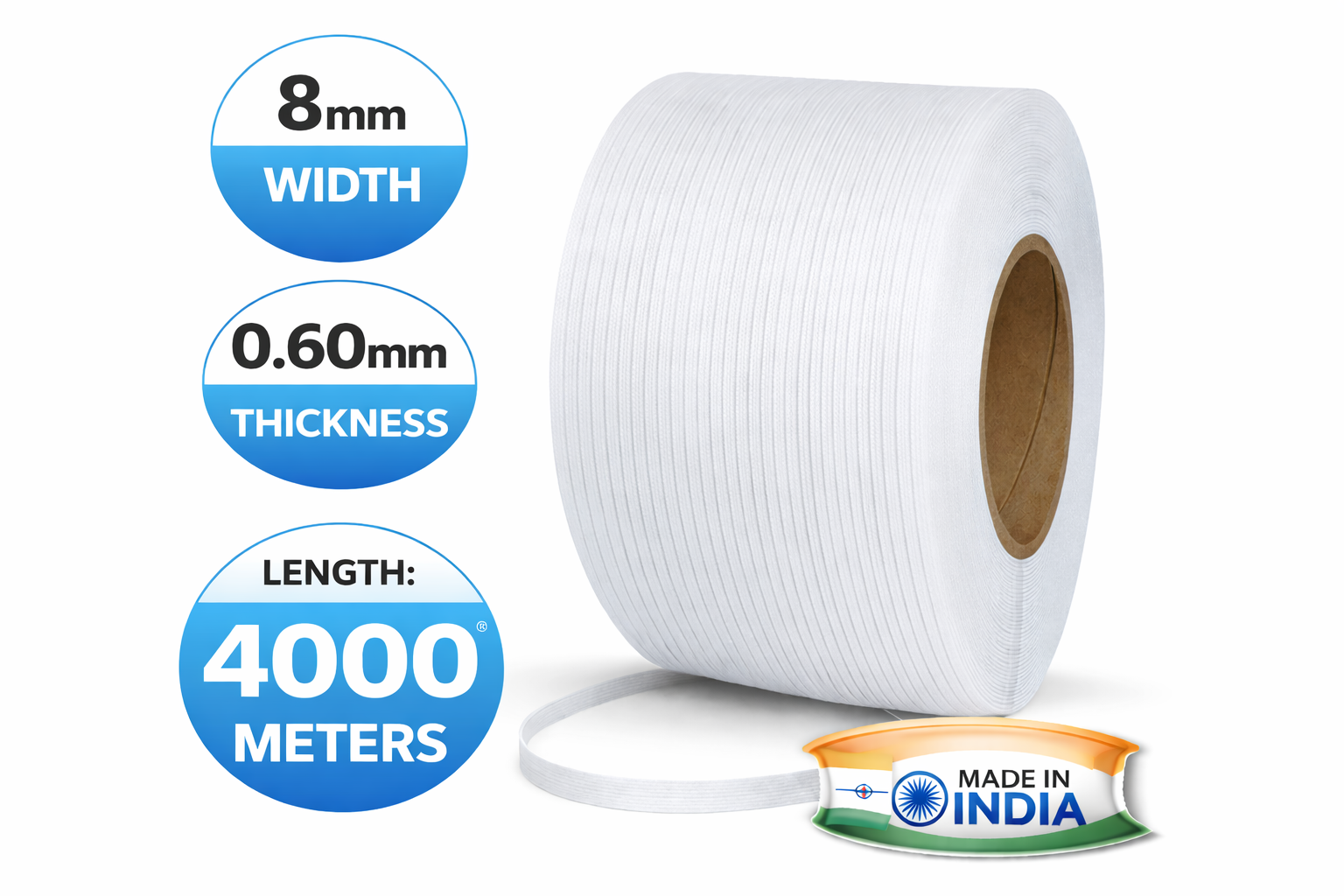 VIJAYCO® 08 60 4000 Mtrs PP Strapping Roll White Plain With No Print