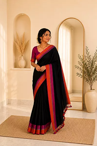 Mul cotton without Blouse Black with Pink and orange