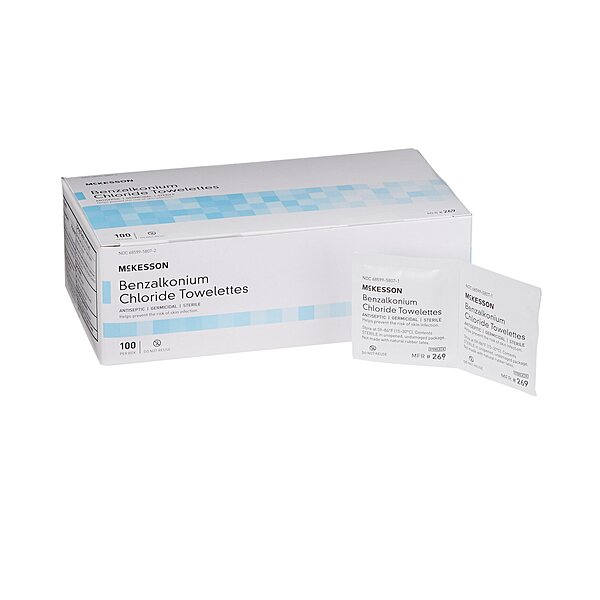 McKesson Antiseptic Skin Towelettes BZK 0.13%, 5" × 7", Sterile, Unscented (100/Box)