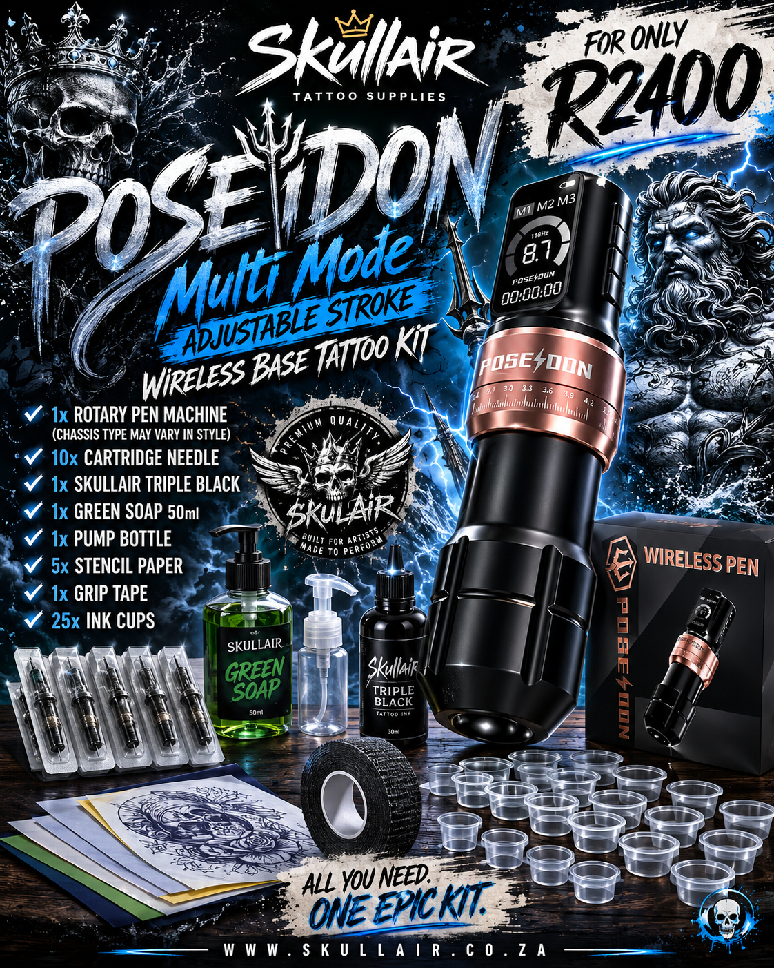 Poseidon Multi Mode  Adjustable stroke Wireless Base Tattoo Kit