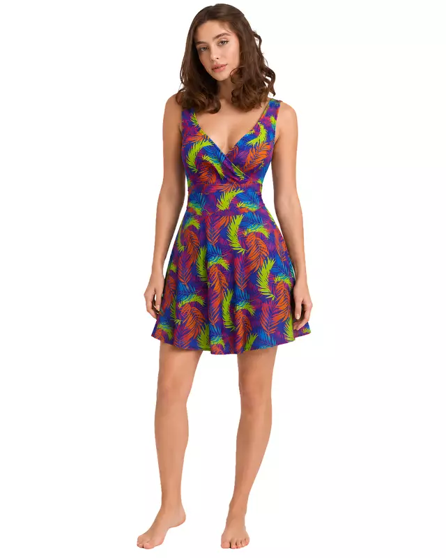 Women's Tropical Leaf Print V-Neck Swim Dress