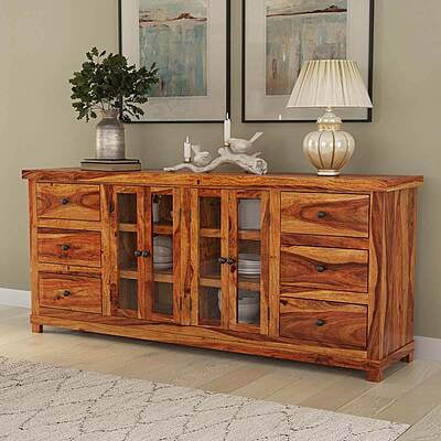 Sheesham Wood Sideboard with Glass Display & Drawers - Rustic Buffet Cabinet