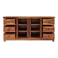 Sheesham Wood Sideboard with Glass Display & Drawers - Rustic Buffet Cabinet Sheesham Wood Sideboard with Glass Display & Drawers - Rustic Buffet Cabinet