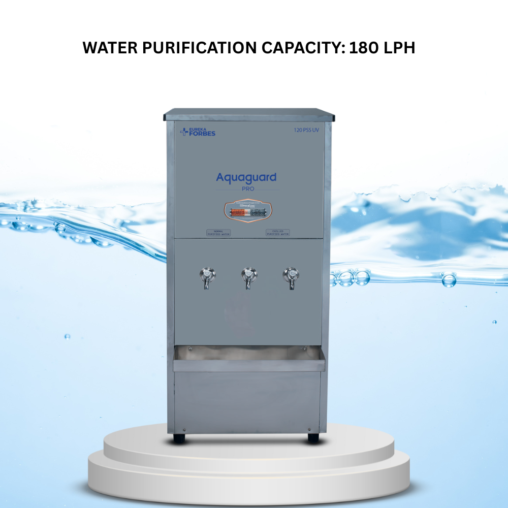 A close-up of the durable stainless steel finish of the Pro Pure Chill 120 PSS water purifier. A close-up of the durable stainless steel finish of the Pro Pure Chill 120 PSS water purifier.