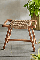 Outdoor Woven Rattan Stool | Natural Wood Patio Ottoman | Boho Accent Bench